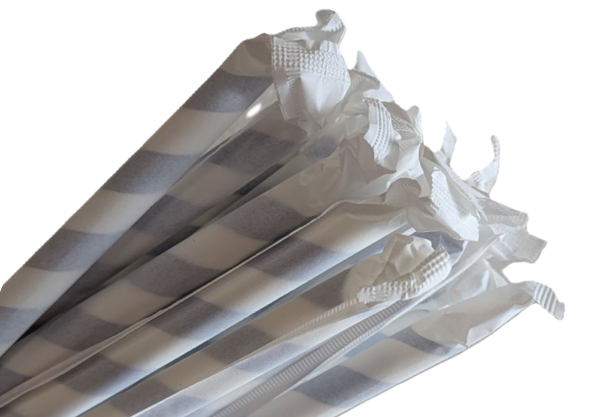 Pajitas de papel con corte en cruz, de color azul y blanco, envueltas individualmente - Caja de 2.500 unidades